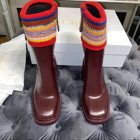 New Size 38 Chloe Betty Rain Boots Burgundy - Picture 2 of 6